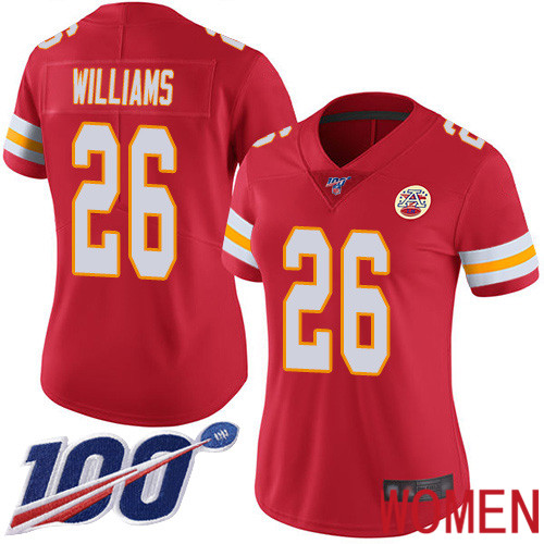 Women Kansas City Chiefs #26 Williams Damien Red Team Color Vapor Untouchable Limited Player 100th Season Football Nike NFL Jersey